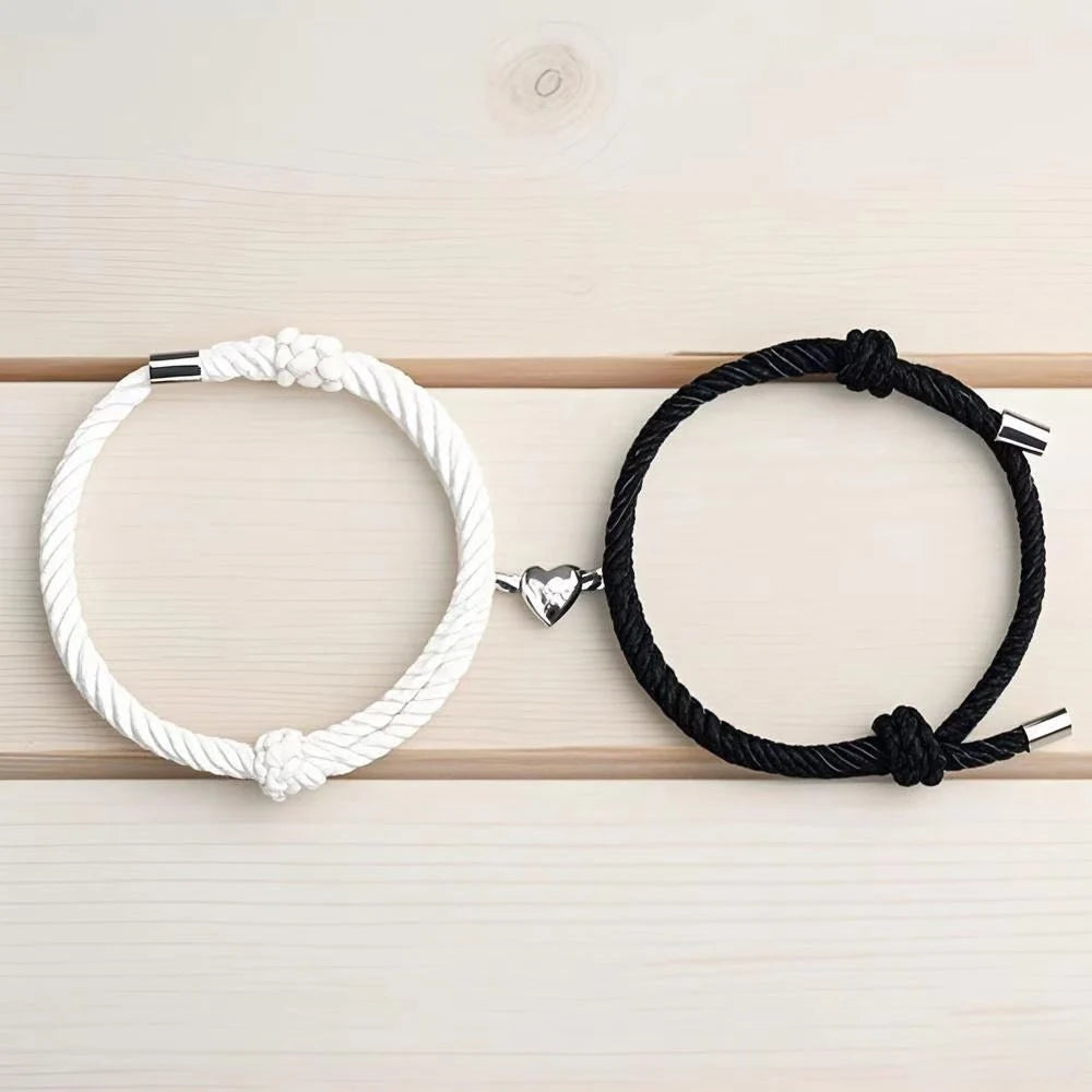 2 Pieces Set Black White Hand Rope Love Magnetic Couple Bracelet Best Friend Party Fashion Elegant Silver Color Heart Charm Gift
