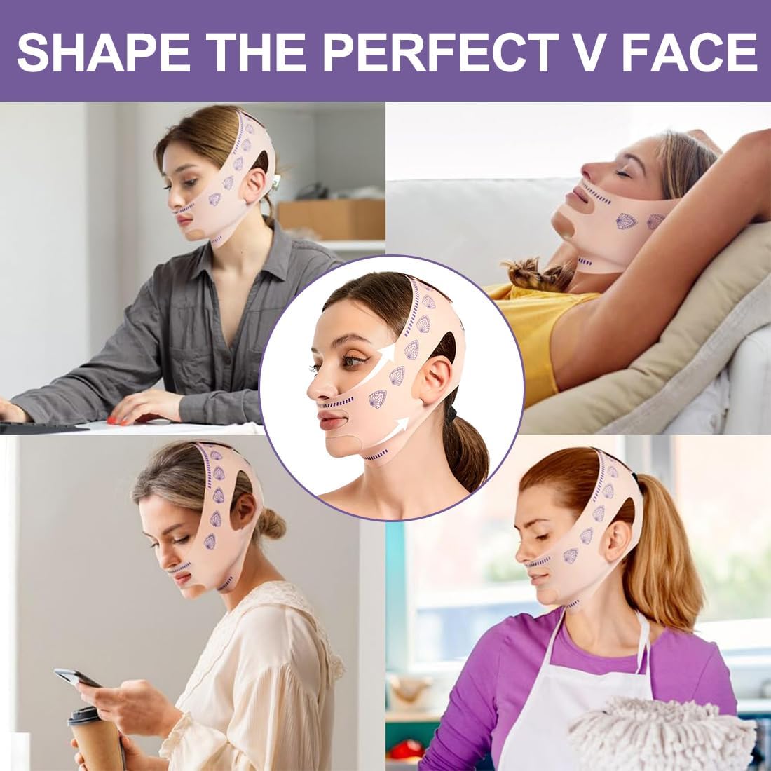 Masque gainant visage - Effet V-Lift - Pour lifting du visage, resserrage des rides, réducteur de double menton