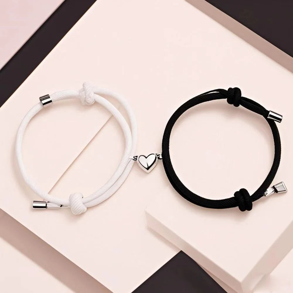 2 Pieces Set Black White Hand Rope Love Magnetic Couple Bracelet Best Friend Party Fashion Elegant Silver Color Heart Charm Gift