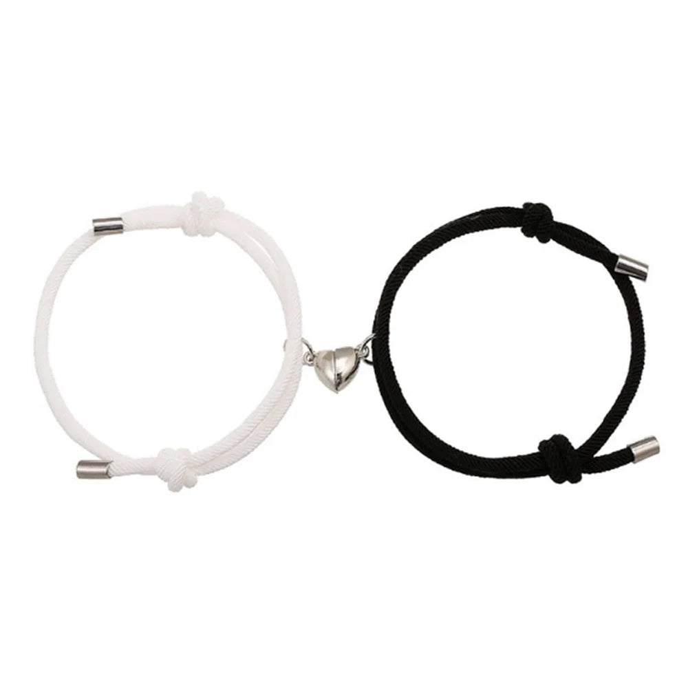 2 Pieces Set Black White Hand Rope Love Magnetic Couple Bracelet Best Friend Party Fashion Elegant Silver Color Heart Charm Gift